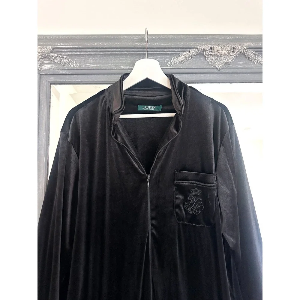 Lauren Ralph Lauren Black Velvet Zip Front Robe Caftan Long Sleeve Crest Logo L